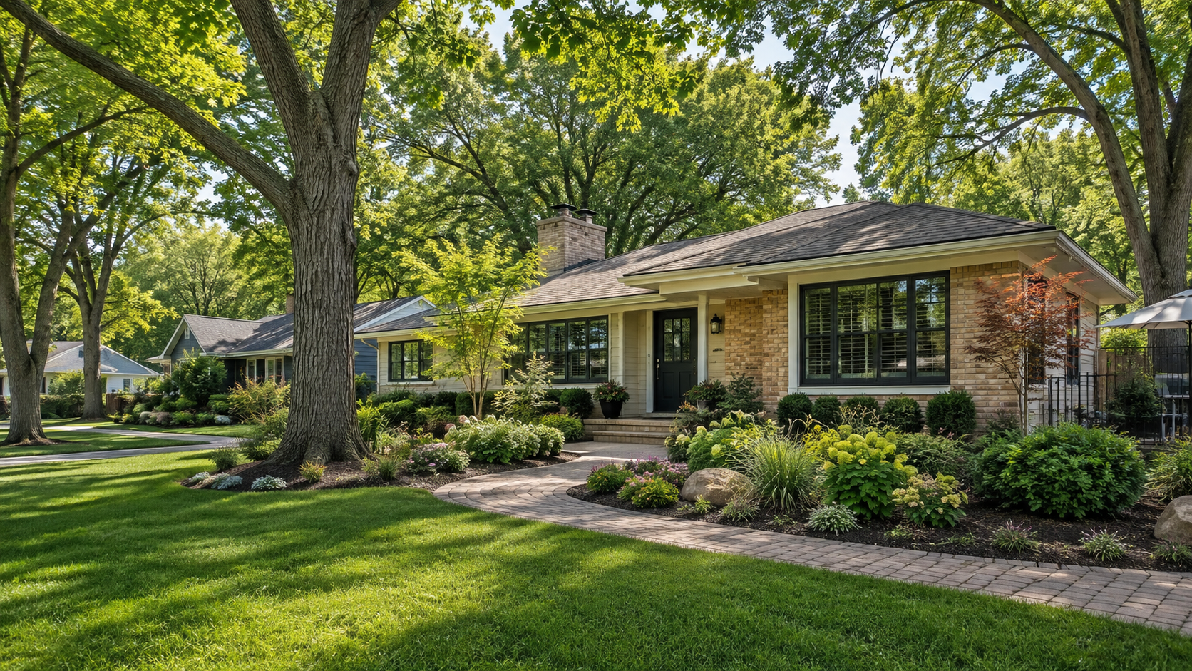 Landscaped ranch-style home with mature shade trees representing Prairie Village, Kansas