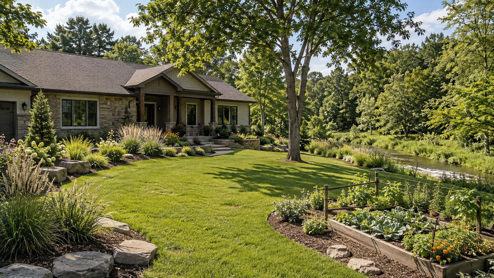 Landscaped ranch-style home in Shawnee, Kansas with mature trees, native plantings, lawn, creekside greenery, and a small garden