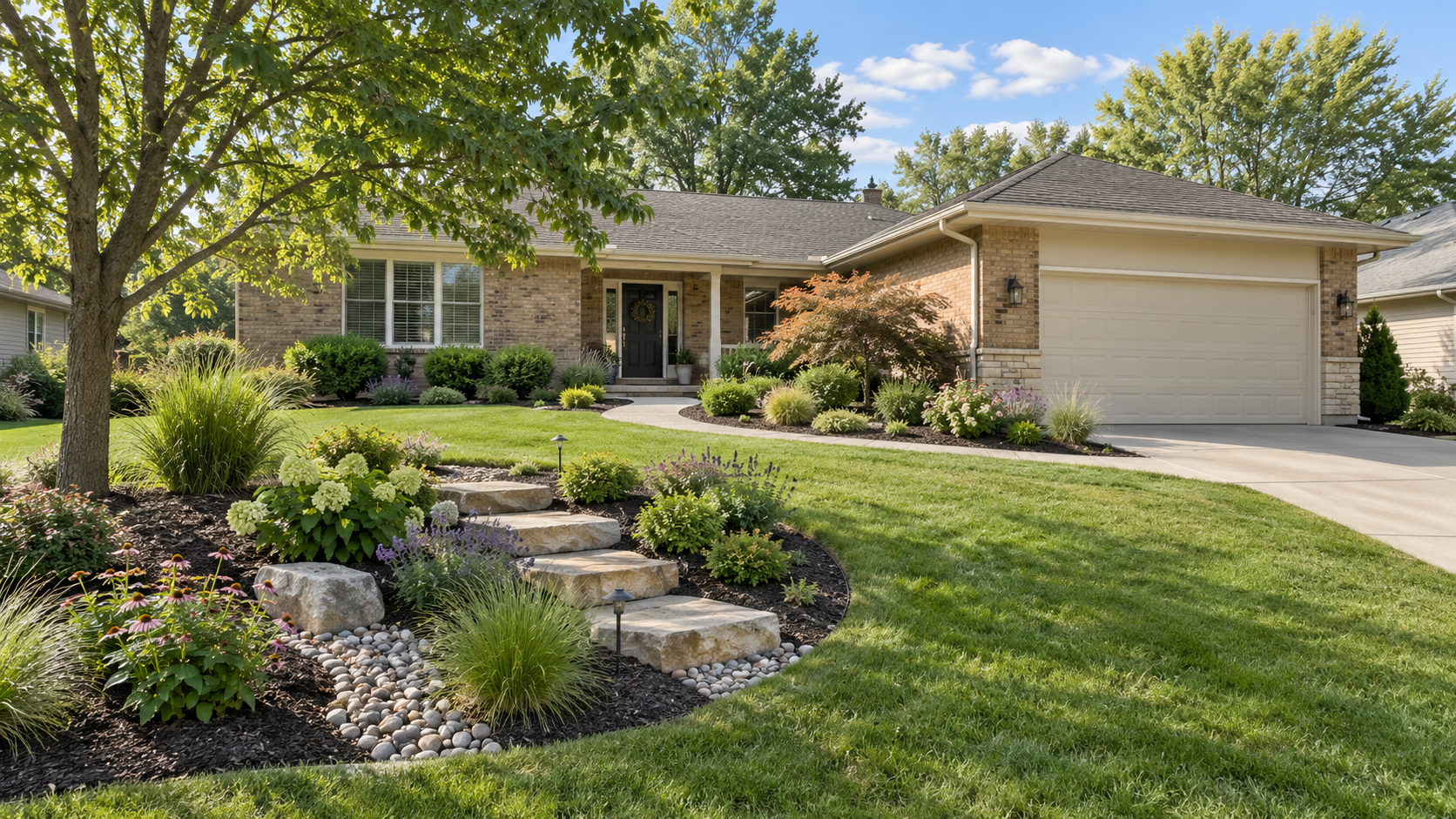 Landscaped ranch-style home with natural stone steps, planting beds, and mature trees in Belton, Missouri