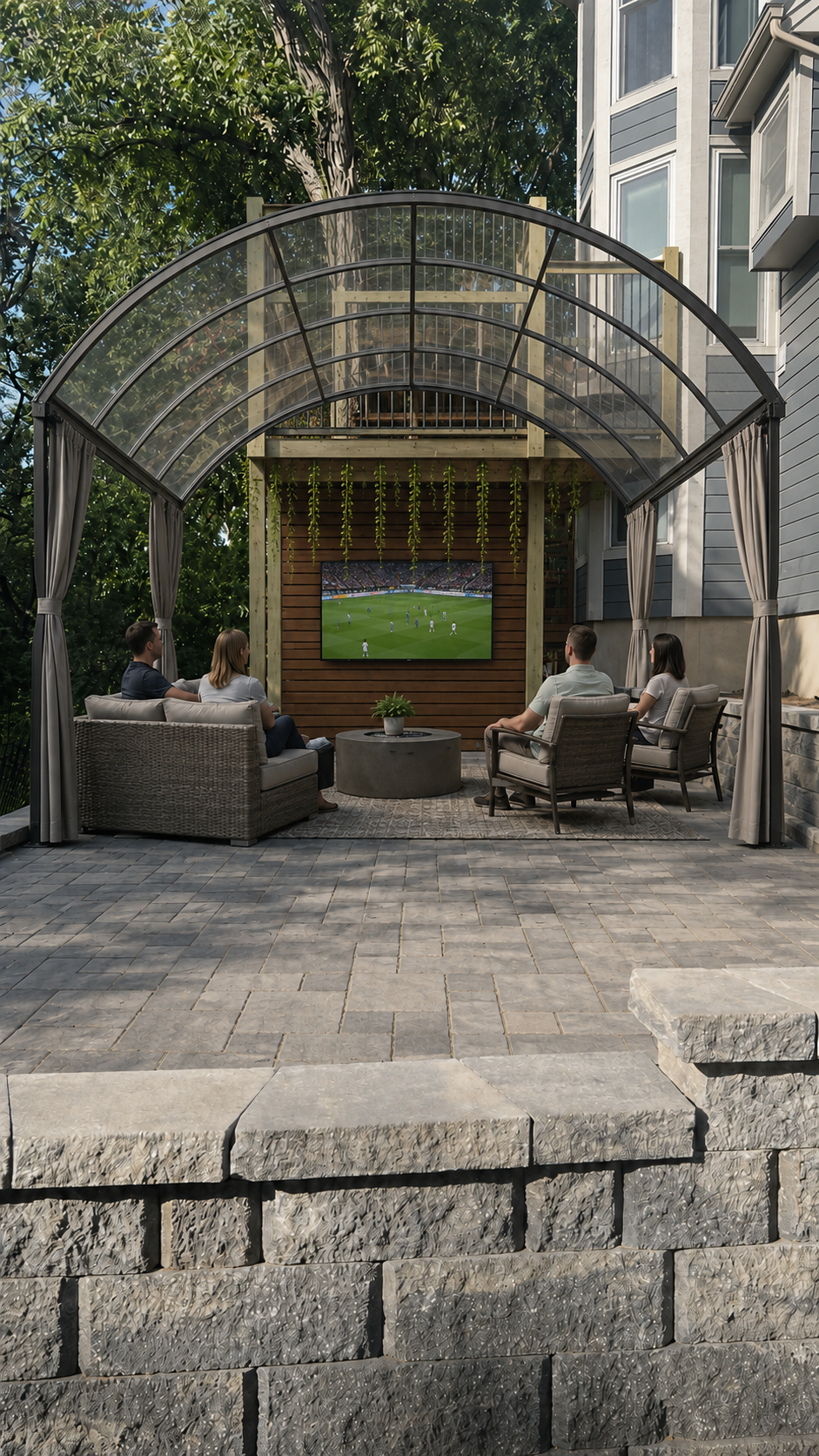 Paver patio with an arched transparent canopy, outdoor television, wood accent wall, hanging greenery and seating