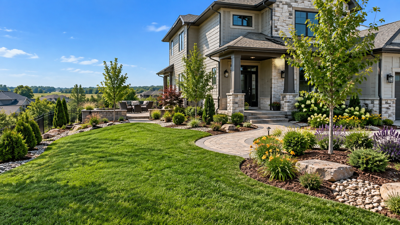 Professionally landscaped home in Gardner, Kansas with lawn, planting beds, paver walkway and outdoor living features