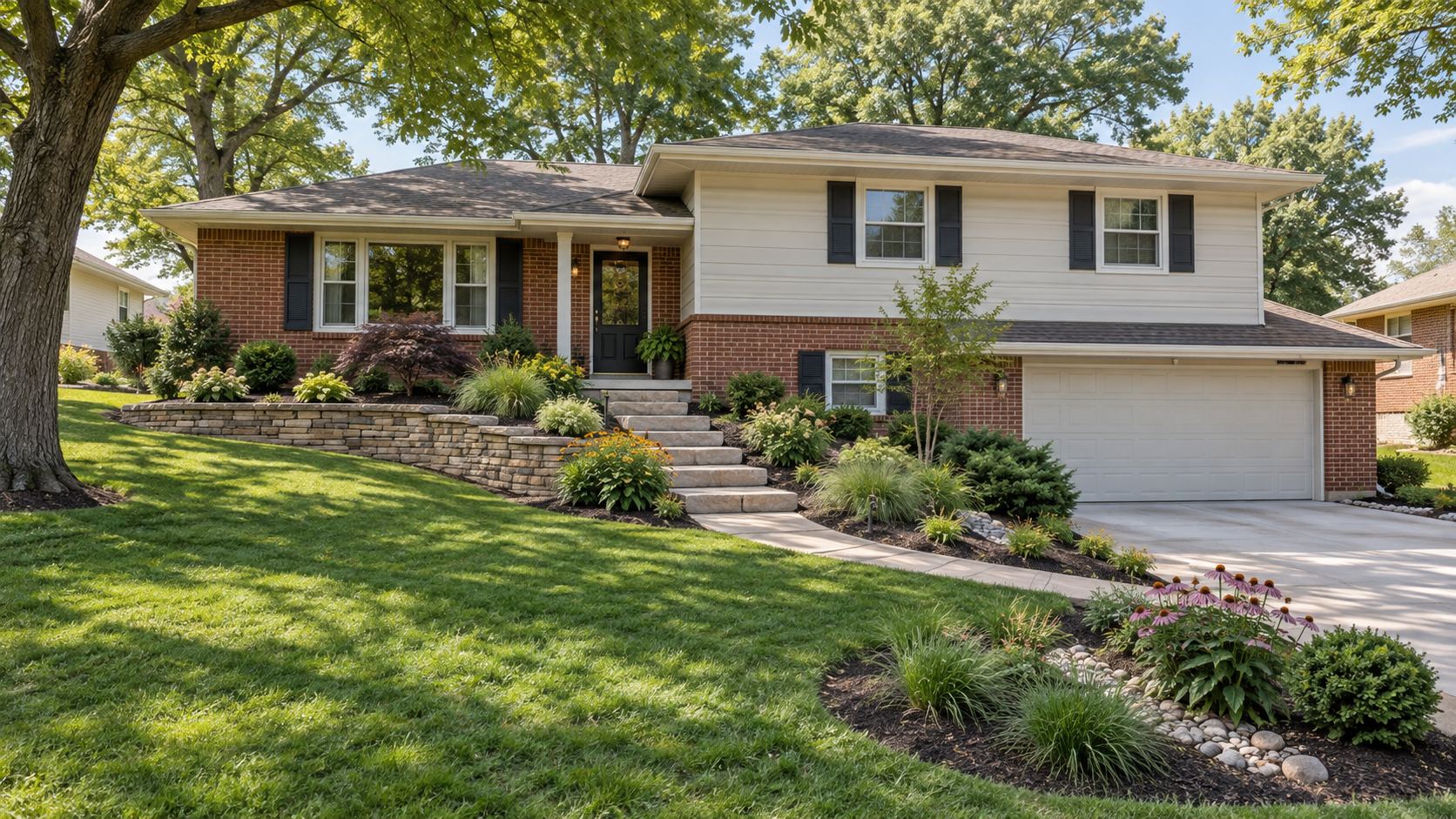 Landscaped raised-ranch home in Grandview, Missouri with retaining wall, stone steps and planting beds