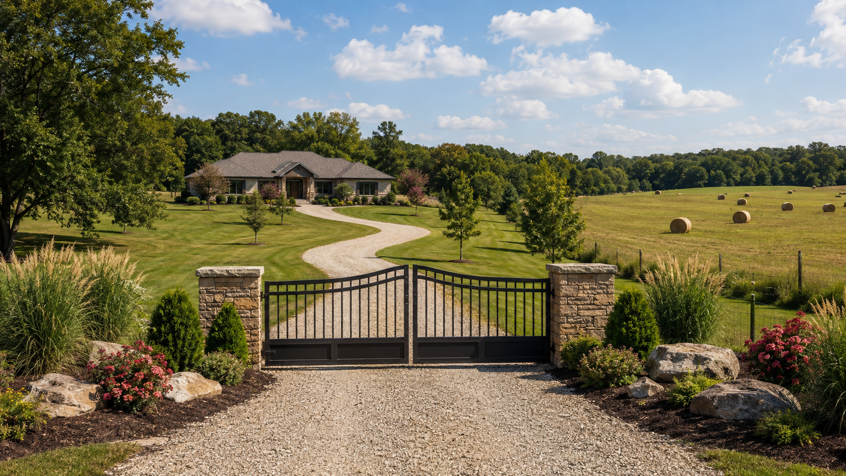 Liberty Missouri Ranch Home and Landscaped Entrance Ranch-style home in Liberty, Missouri with a gated landscaped entrance, winding gravel driveway and round hay bales
