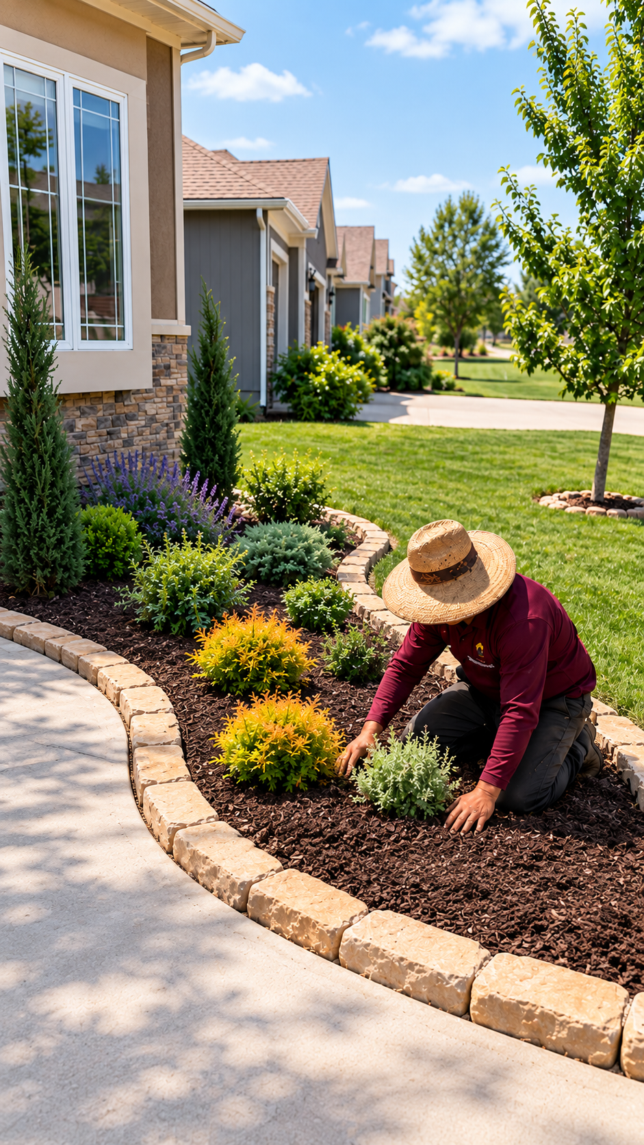 Landscaper planting a shrub in a curved, stone-edged garden bed beside a home