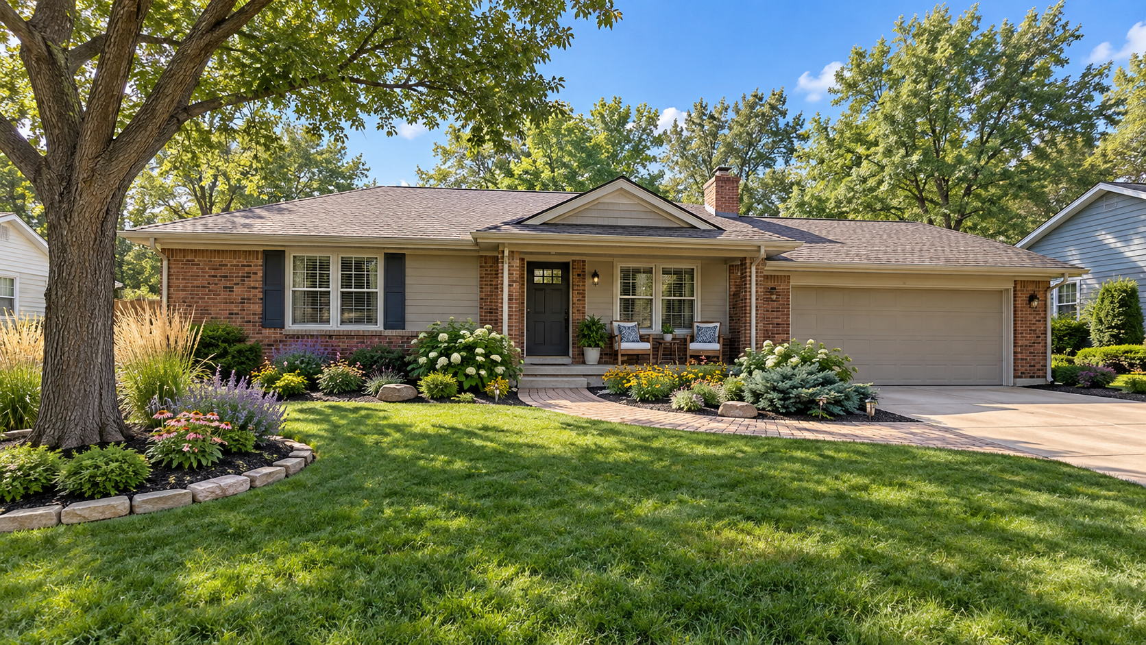 Brick ranch-style home with curved planting beds, mature trees, a paver walkway, and front porch seating