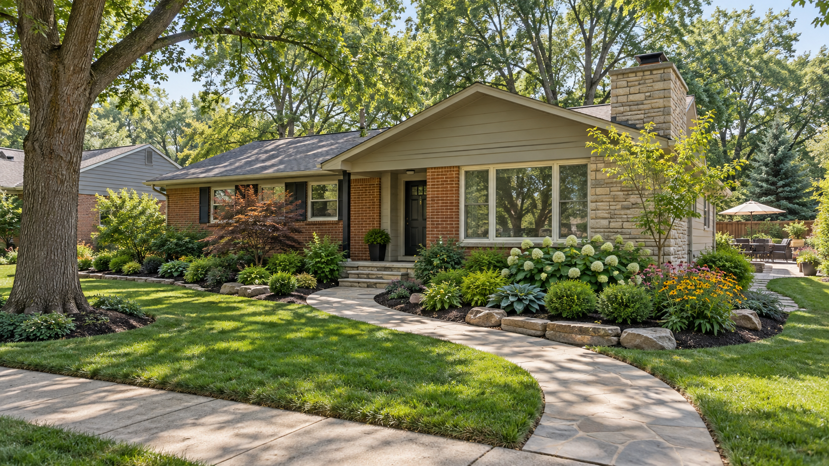 Illustration of a Mission, KS style home with mature trees, landscaped planting beds, and a curved front walkway
