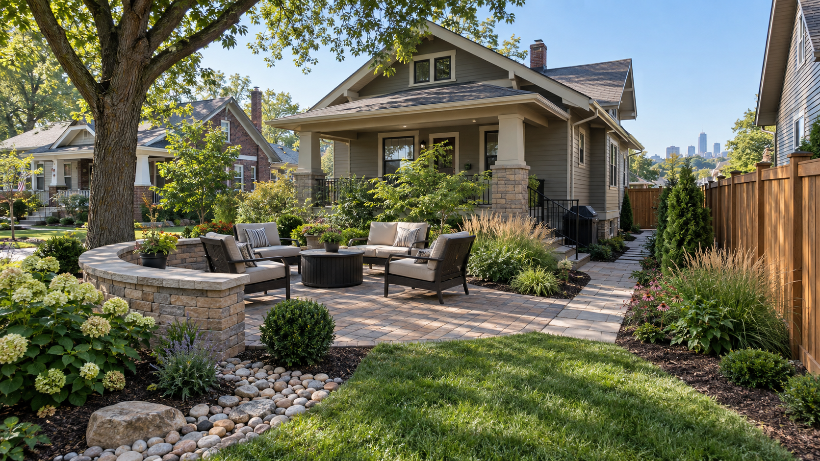 Landscaping and hardscaping for a compact home in North Kansas City, Missouri