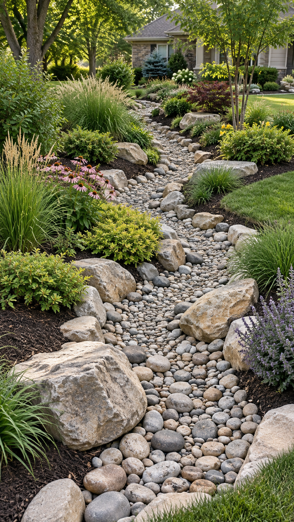 Winding dry creek bed with river rock and limestone boulders, bordered by ornamental grasses, shrubs, and flowers