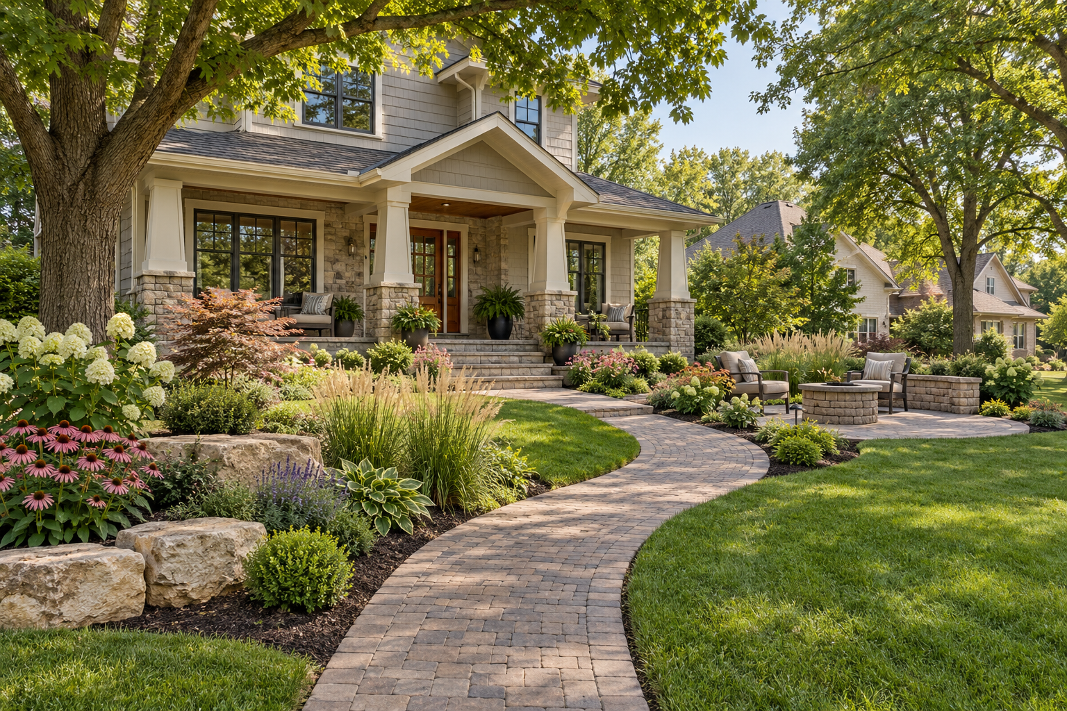 Bonner Springs, KS Residential Landscaping Concept Curved paver walkway leading to a front porch and seating patio, framed by flowering beds, limestone boulders, and mature trees