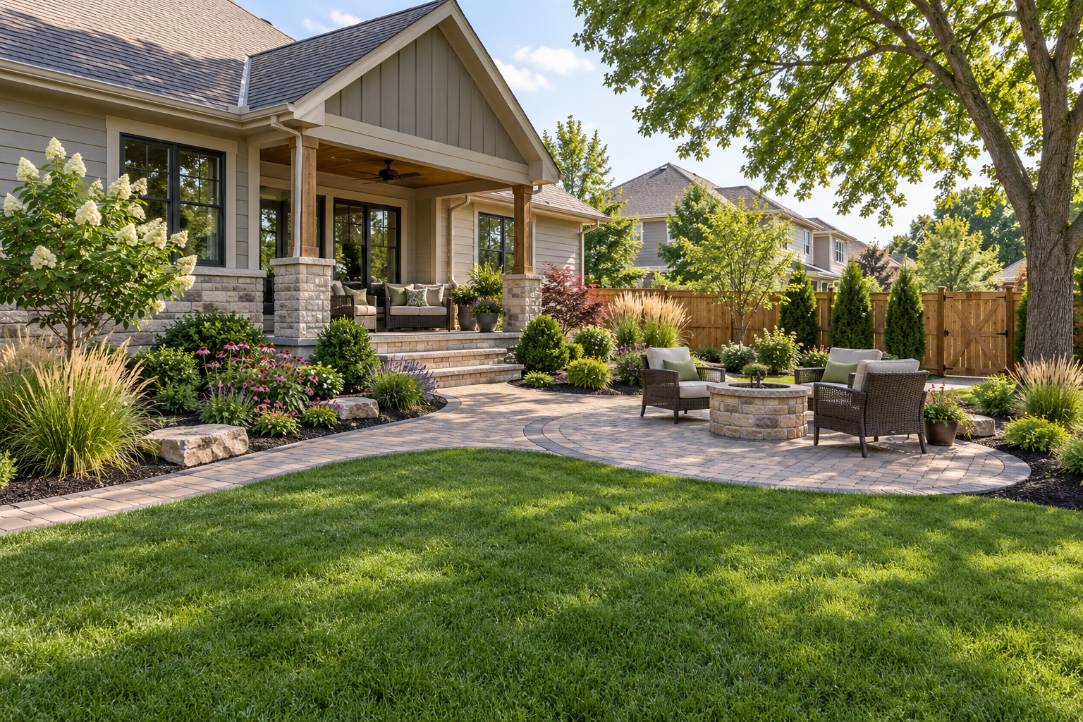 Landscaped backyard with a covered terrace, paver patio, outdoor dining area, flowering beds, and wood privacy fencing