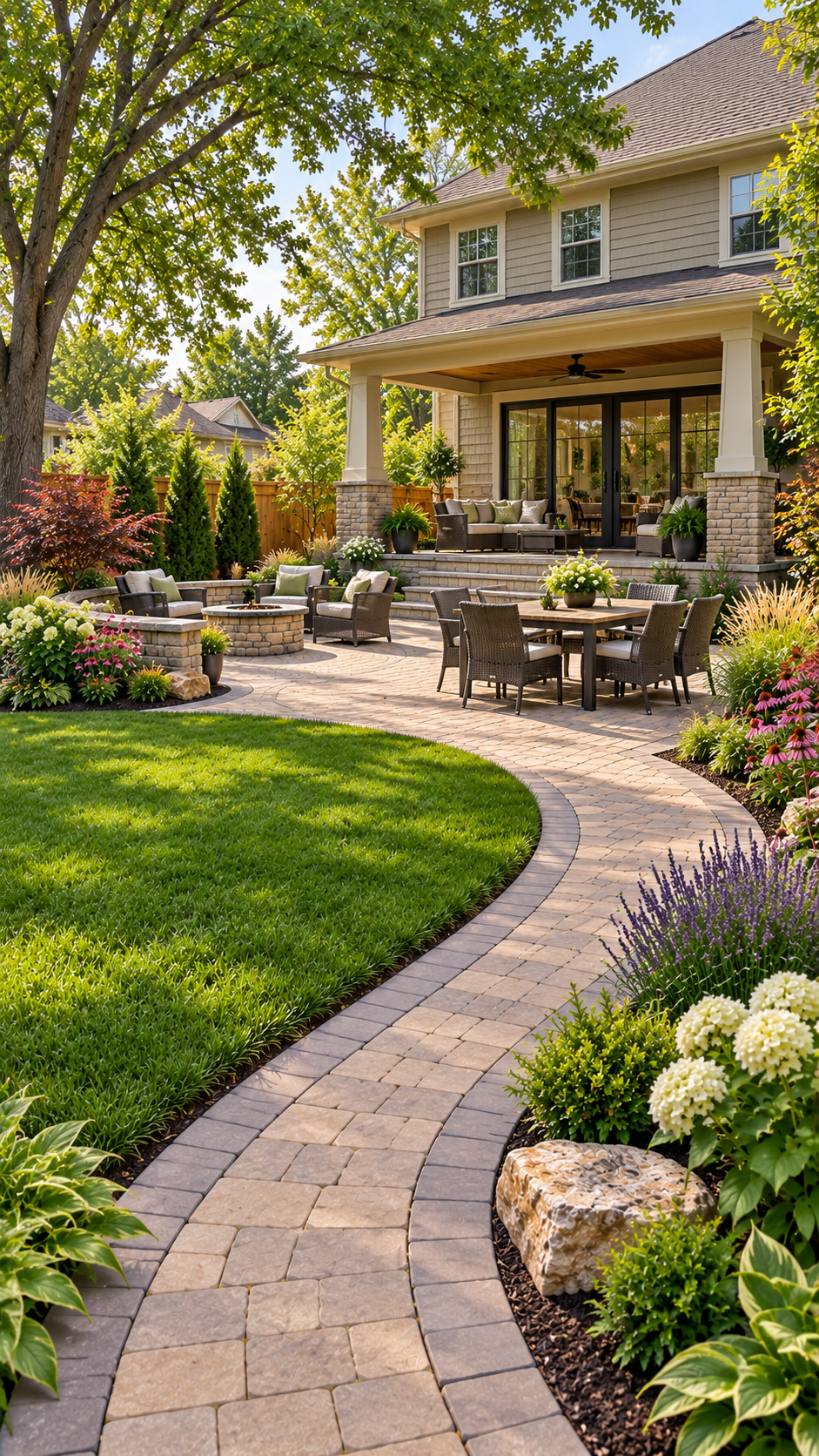 Landscaped backyard with a covered terrace, paver patio, outdoor dining area, flowering beds, and wood privacy fencing.