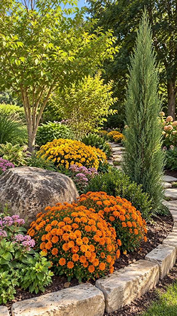 Orange and yellow flowers beside a tall evergreen and decorative boulder in a timber-edged garden bed