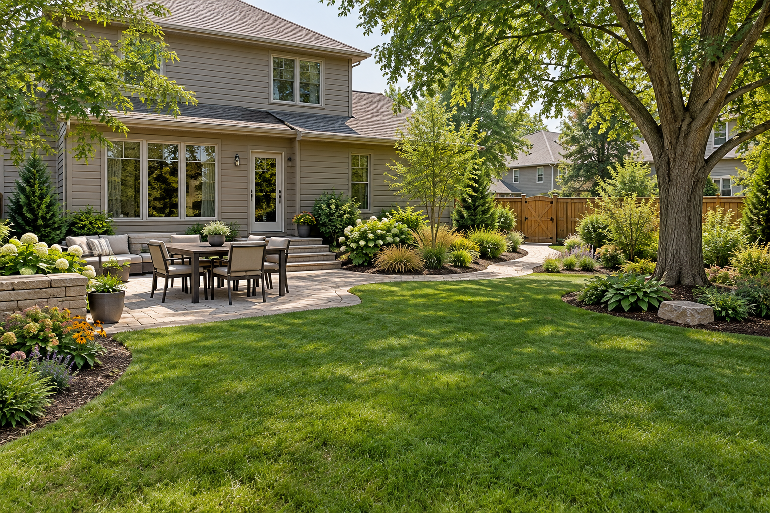 Lansing, KS Backyard Landscaping Concept Backyard with a paver dining patio, curved path to a wooden gate, layered planting beds, and a mature shade tree