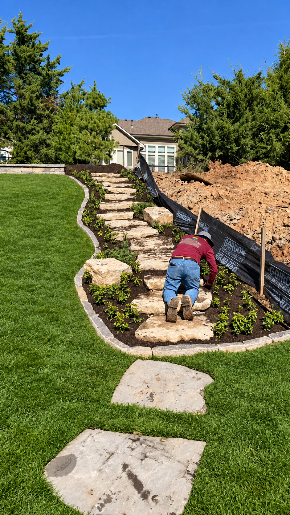 Landscaper tending planting beds beside natural stone steps, curved edging, and fresh green sod