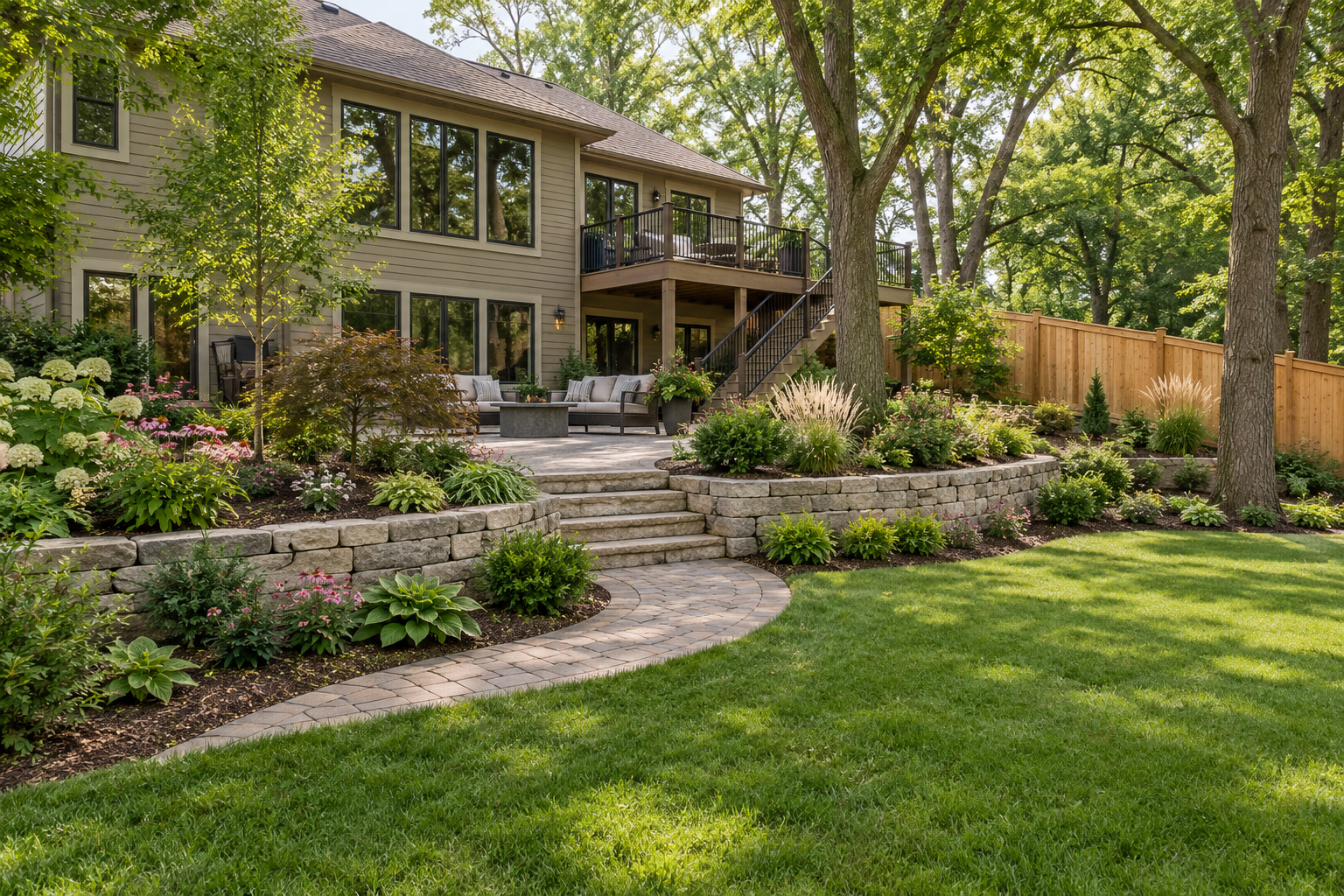 Landscaped backyard with limestone retaining walls, stone steps, a curved paver path, seating patio, and cedar fencing