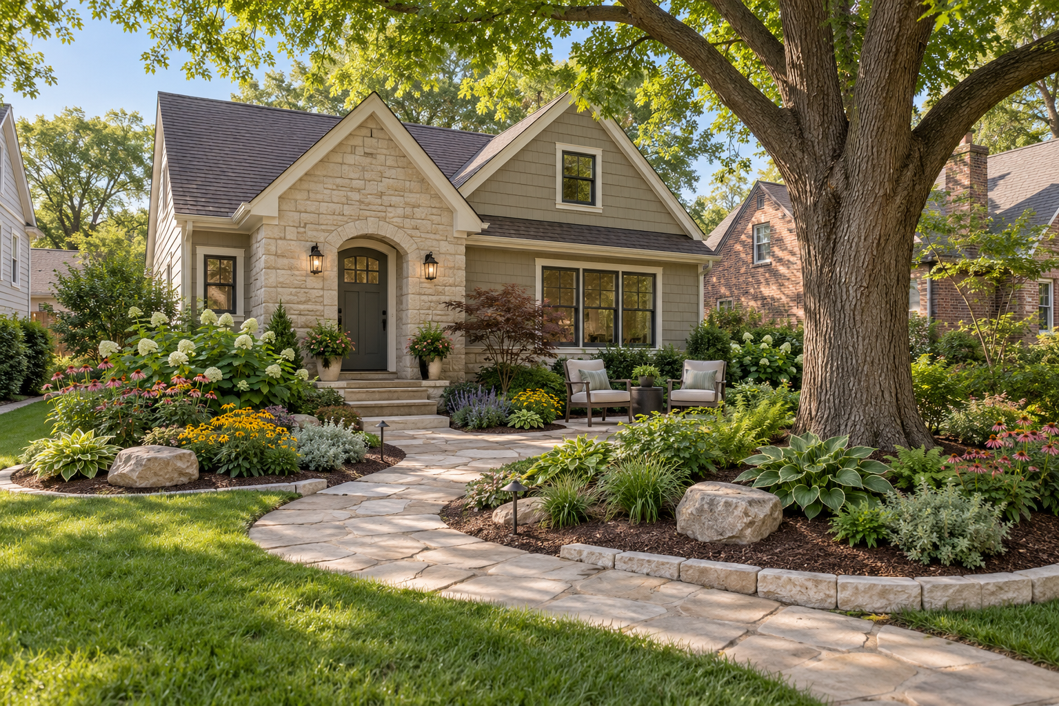 Landscaped home with a curved stone walkway, colorful planting beds, a mature shade tree, and a two-chair seating area