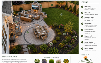 Custom backyard transformation design featuring a paver patio, outdoor kitchen, fireplace, and lush planting beds by Mountain Landscaping. Professional backyard landscape design with patio, outdoor kitchen, fireplace, lawn, and planting beds by Mountain Landscaping in Kansas City