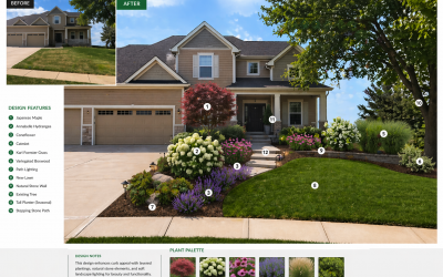 Before and after front yard landscape transformation in Kansas City with new planting, lighting, and stone features Before and after front yard landscape design in Kansas City featuring new lawn, planting beds, stone edging, lighting, and ornamental tree installation
