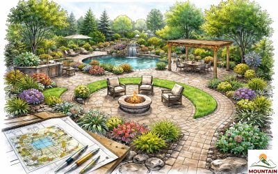 Custom backyard landscape design in Kansas City with patio, fire pit, and pergola layout Landscape design sketch showing backyard layout with patio, fire pit, pool, pergola, and planting beds in Kansas City Metro